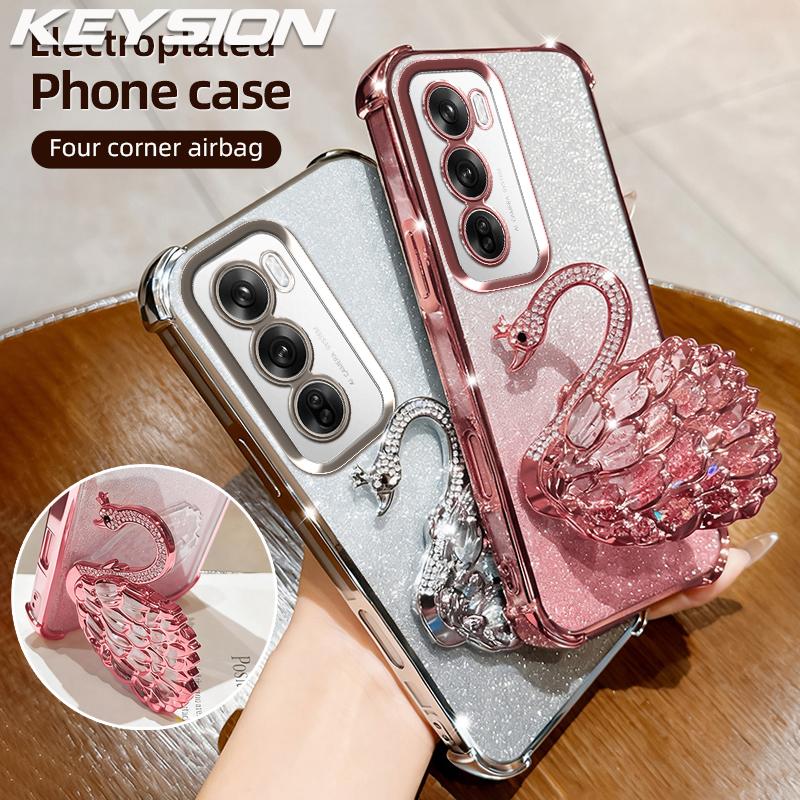 KEYSION Shockproof Plating Phone Case for OPPO Reno12 Pro 5G Clear TPU Glitter Jewelled Swan kickstand Back Cover for OPPO Reno12 5G