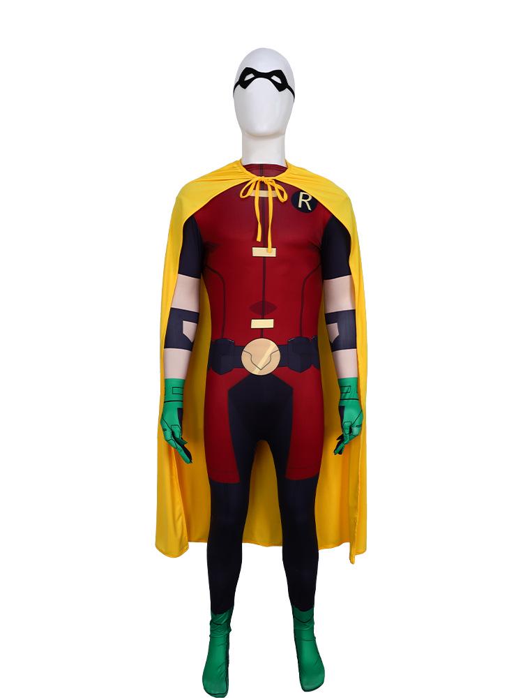 Teen Titans Robin Cosplay Costume Set with Batman Cape for Halloween or Stage Performances.