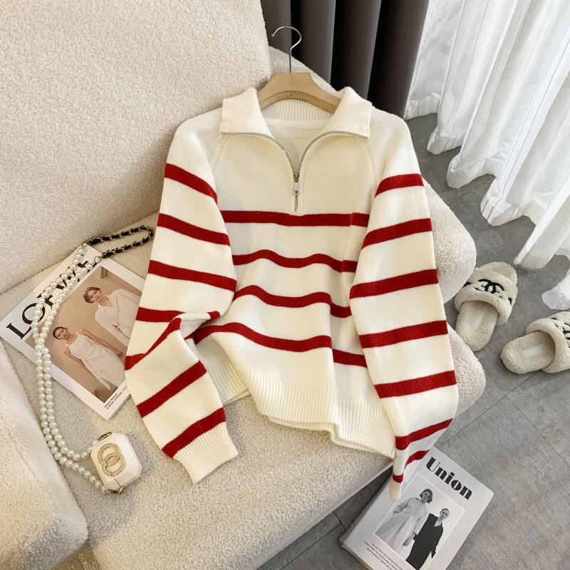 High-Quality Korean-Style Trendy Knit Zipper Sweater for Women – Blue Striped, One Size
