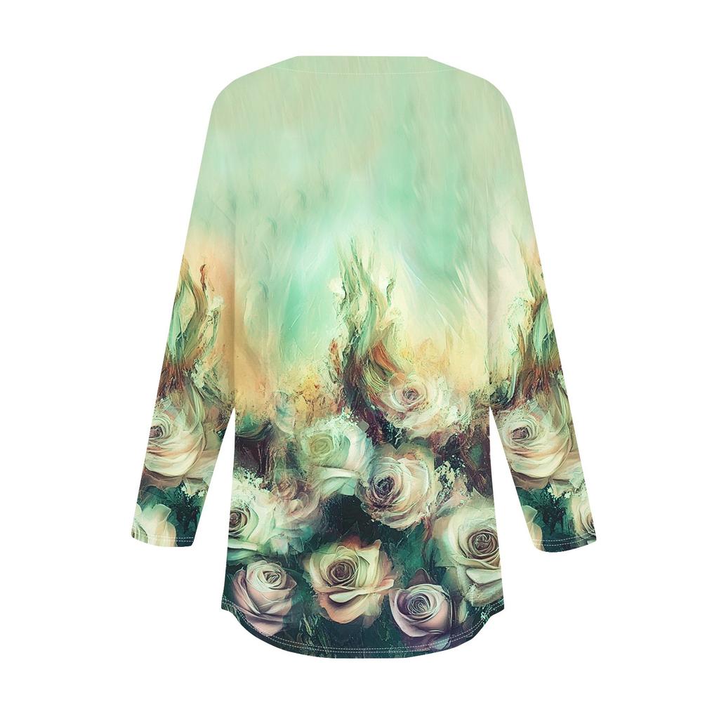 Футболки для женщин, осенние повседневные рубашки с длинным рукавом на пуговицах, толстовка с винтажным принтом, топ, пуловер