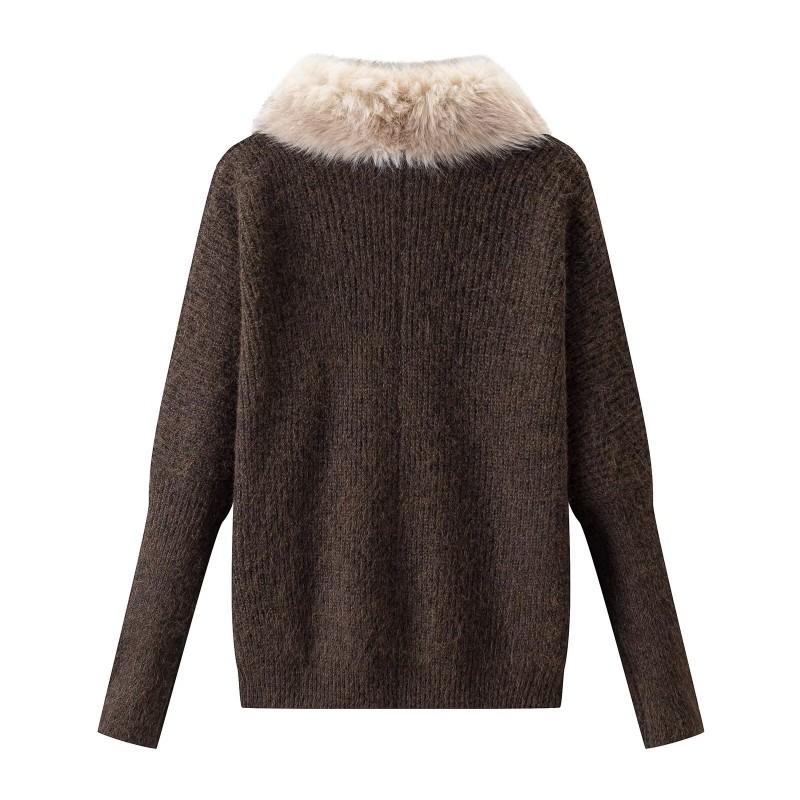 Womens V-Neck Knit Cardigan With Faux Fur Collar Long Sleeve Open Front Sweater Casual Chic Outwear