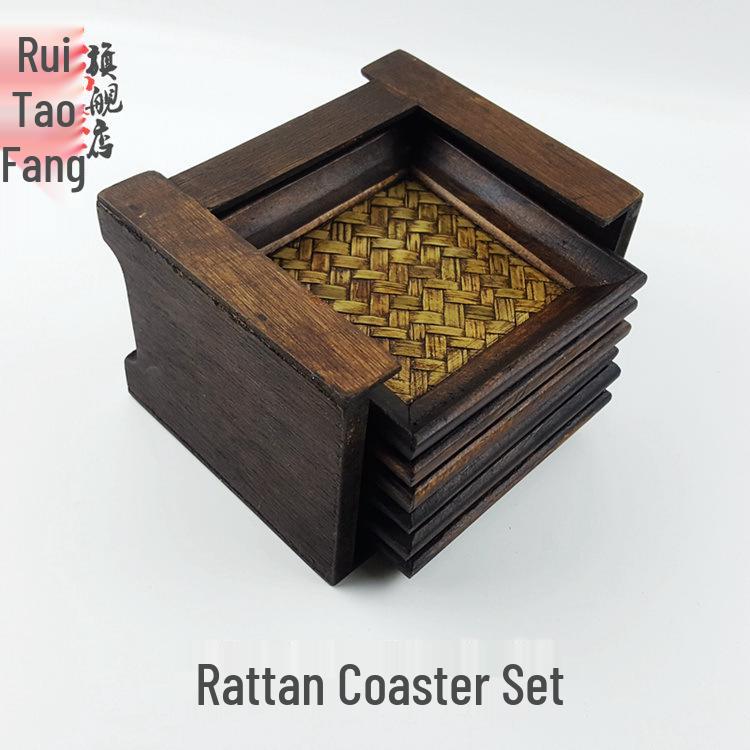 Set of 6 Rattan Coasters: Wooden Heat Insulation Pads, Thai Tea Set Display, Unique Antique Home Ornaments.