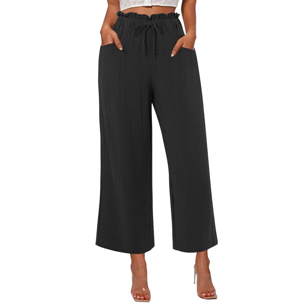 Женские льняные брюки с широкими штанинами, эластичные брюки-палаццо с высокой талией, повседневная свободная одежда для пляжного отдыха с карманами