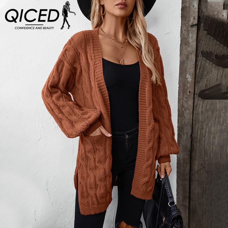 QICED Кардиган Twist Knit Женский Осень-зима Винтажный Свободный Свитер Пальто Средней Длины Женский