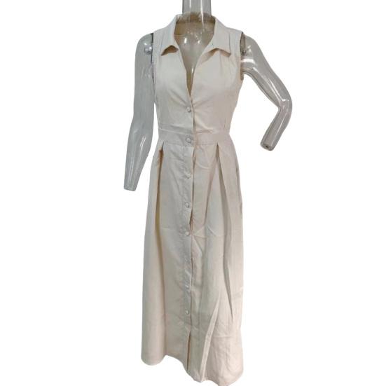 Летнее женское платье трапециевидной формы с глубоким V-образным вырезом и лацканами без рукавов, с большим подолом, плиссированными боковыми карманами, чистый цвет, официальное платье миди для делового офиса