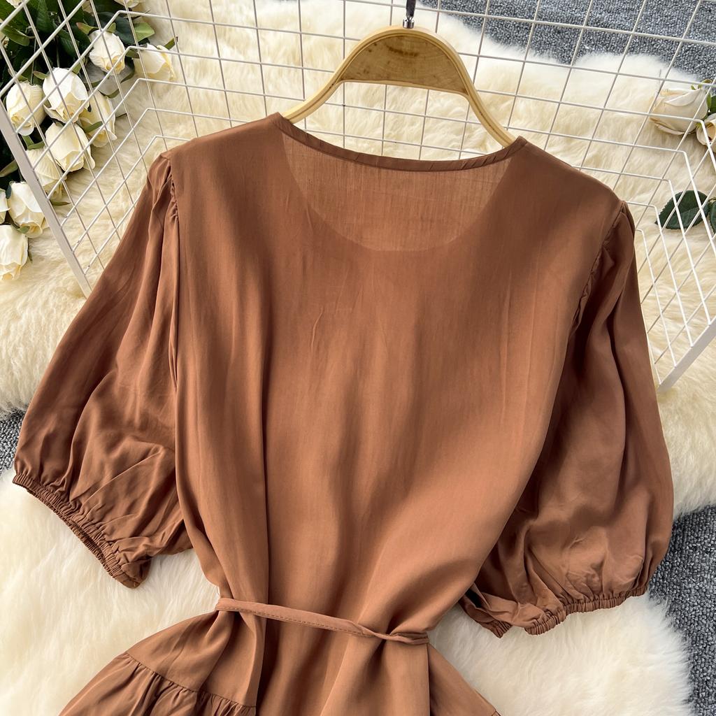 Винтажное платье с круглым вырезом для женщин с рукавами-фонариками, вышитыми шнуровкой, платья А-силуэта, однотонные лоскутные пуговицы, летнее платье