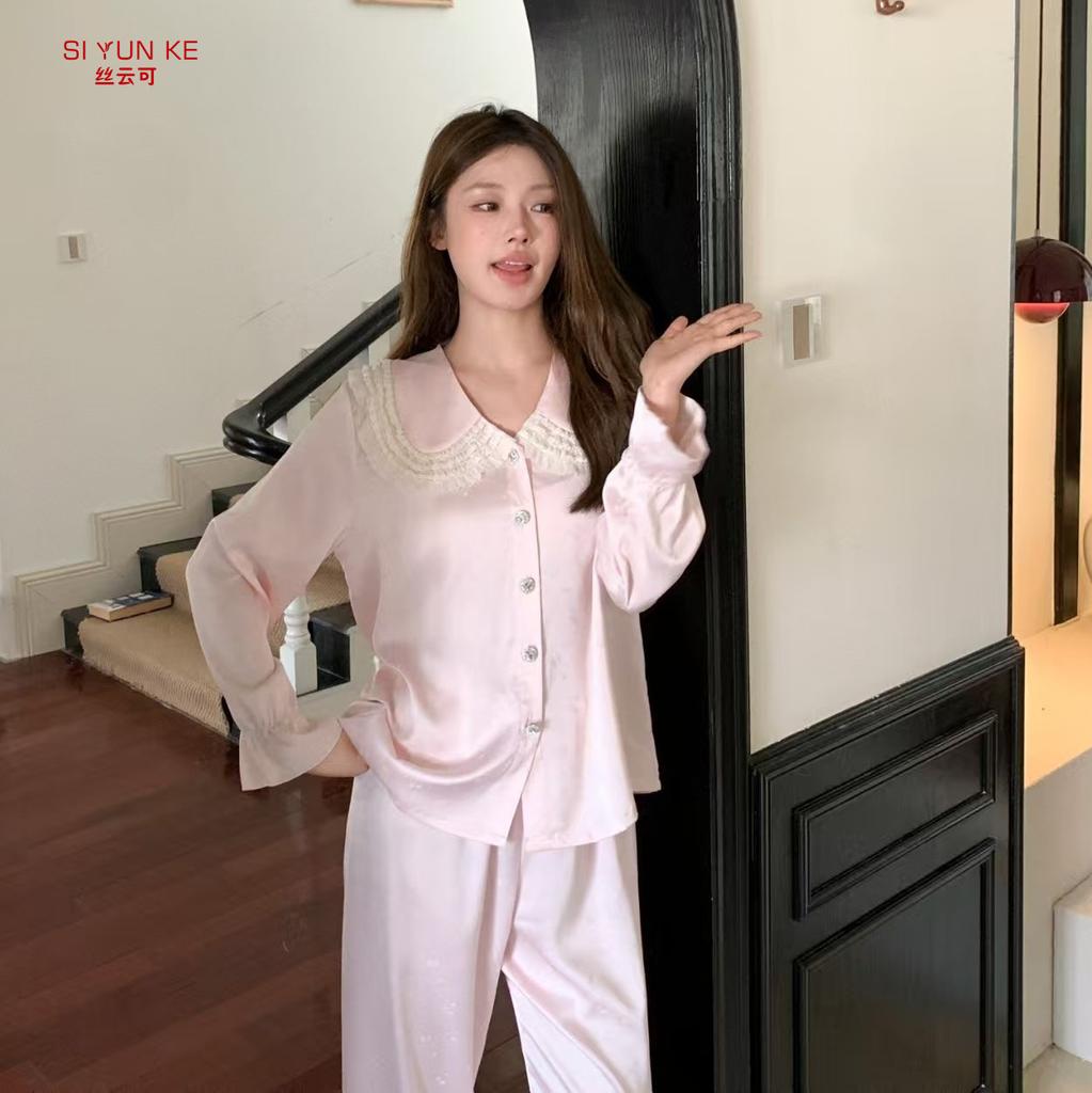 Spring and autumn new ice silk pajamas, sweet style doll-collar cardigan long-sleeve thin high-end loungewear set