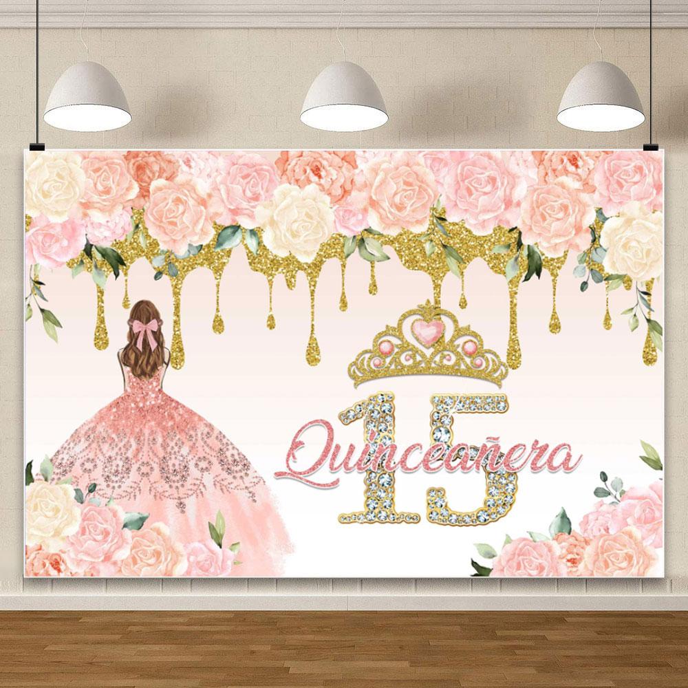 15th Birthday Party Backdrop Custom Decor Floral Crown Pink Rose Quinceañera Princess Flower Butterfly Sweet Girl Dress Photo