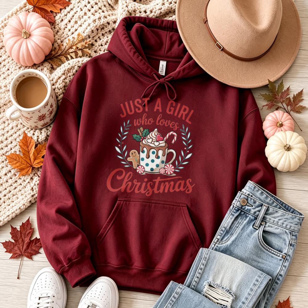 Just A Girl Who Loves Christmas Hot Cocoa Gingerbread Man Graphic Hoodie Hooded Sweatshirt Xmas Holiday Casual Pullover Top Gift