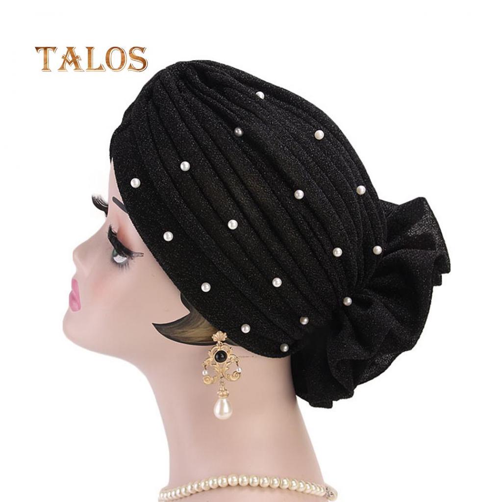TALOS Fashion Faux Pearl Decor Big Flower Women Hijab Turban Hat Head Wrap