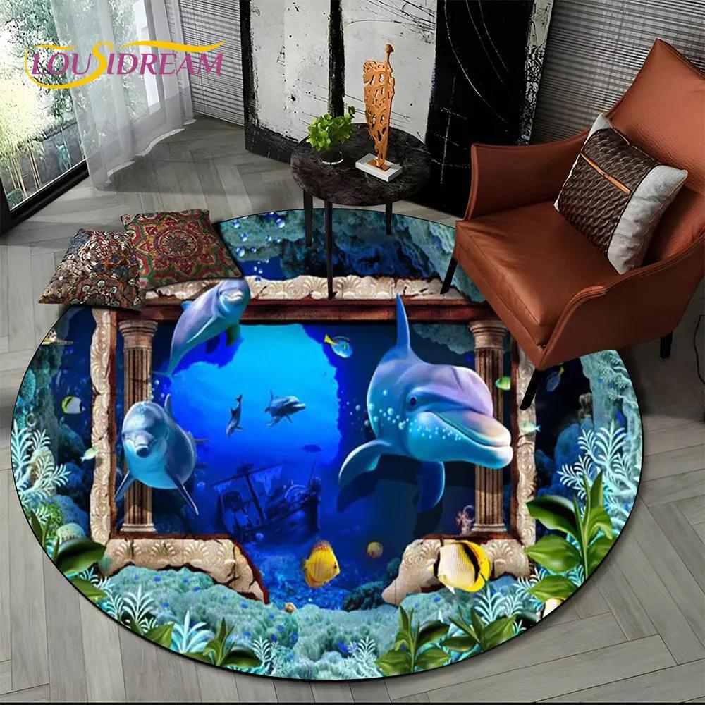 Круглый ковер 3D Иллюзия Морского Дна Дельфин, Коврик с Принтом Подводного Мира Нескользящий для Гостиной, Спальни, Игровой Комнаты, Декора Дома