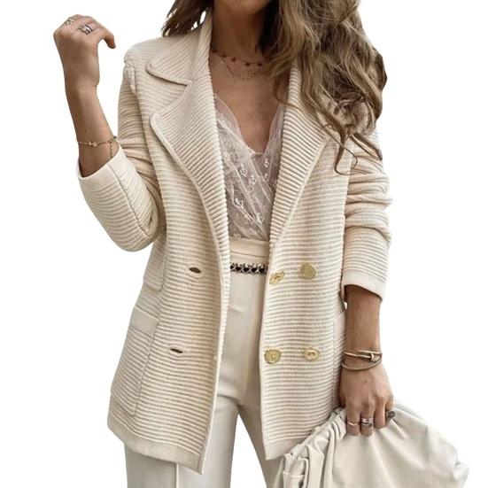 Women's Long Sleeve Tweed Double Breasted Blazer Jacket Notched Lapel Ribbed Open Front Fall Coat with Pockets