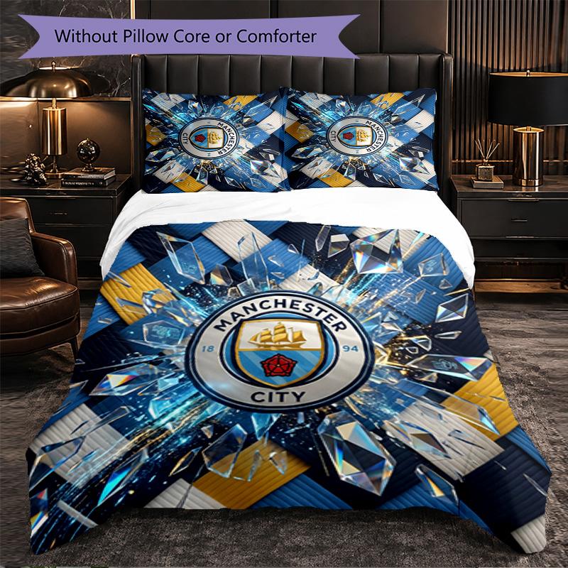 Manchester City Pattern 3 Pieces Bedding Set Soft Microfiber Duvet Cover with Pillow Cases for Bedroom