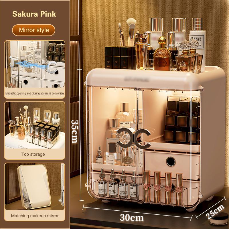 Cosmetics Storage Box Luxury Dustproof with Drawer Skincare Makeup Organizer Large Capacity Home Storage with Cosmetic Mirror