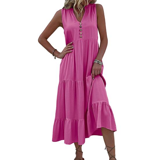 Женское летнее платье с V-образным вырезом без рукавов в стиле пэчворк, трапециевидный подол, чистый цвет, декор на пуговицах, большие качели, мягкое платье до середины икры для отдыха, пляжное платье миди