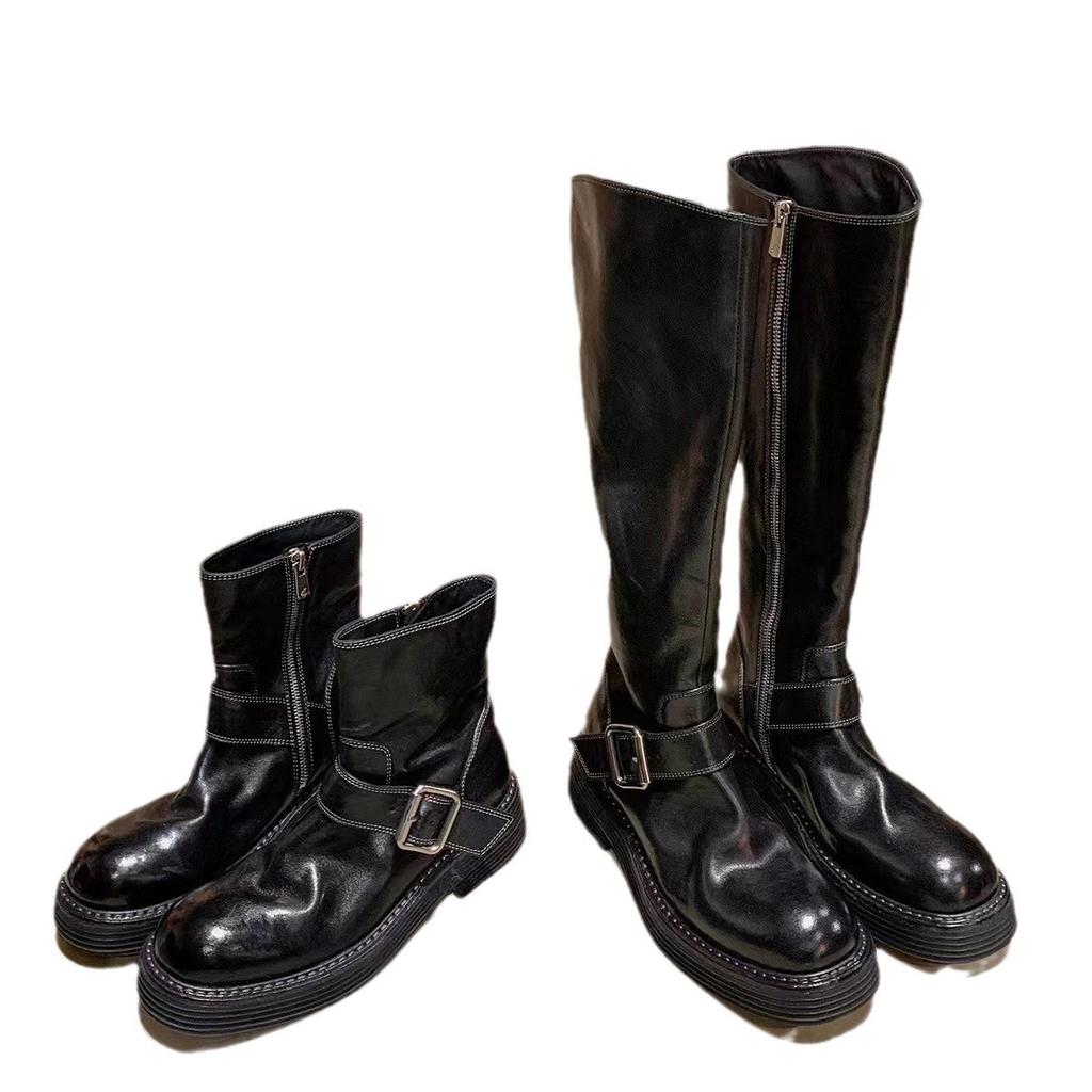 Новое место виноград мать ретро пряжка ремня ботинки мартин толстая подошва вымытая лошадиная кожа круглый носок толстый каблук полусапоги дети