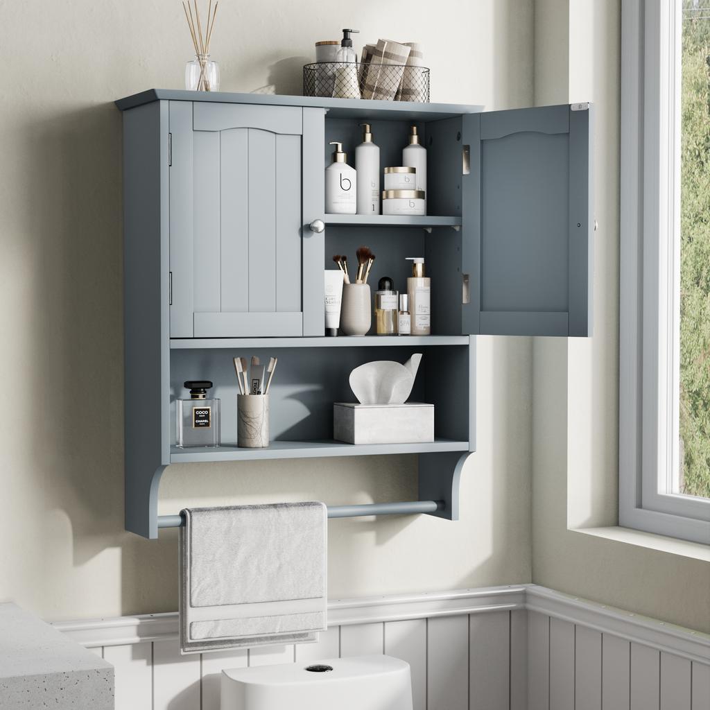 Bathroom Wall Cabinet with Towel Rail, Bathroom Cabinet Wall Shelf with 2 Doors and Open Shelves, Toilet Wall Shelf, Bathroom Medicine Cabinet