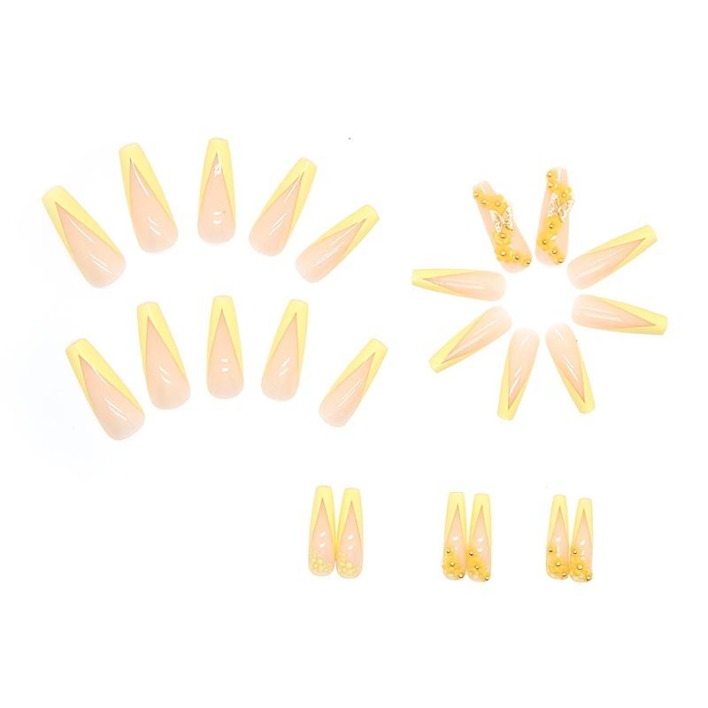 24PCS Glossy Y2K Press On Nails with Artificial Crystals - LongYellow Fake Nails for Full Cover False Acrylic Manicure for Easter