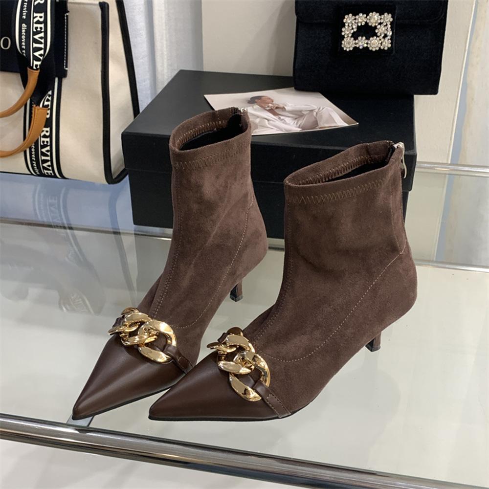 Мода 2024 Новые поступления Женские ботильоны Chelsea Botas Тонкие средние каблуки Металлическая цепочка Размер 35-40 Осень Зима Носки Botas Размер 35-40
