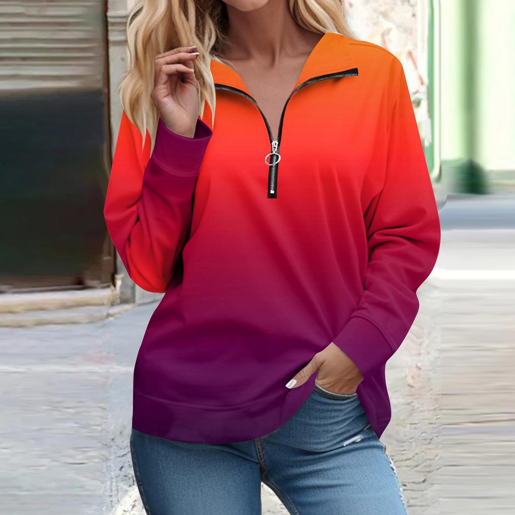 Рубашки на молнии с длинным рукавом для женщин Градиентная печать Графические футболки Блузки Повседневные топы Пуловер