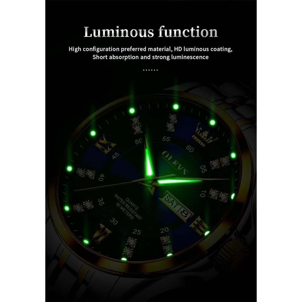 OLEVS Men's Diamond Watch Business Dress Watch Waterproof Luminous Golden Big Dial Quartz Analog with Date Calendar and Stainless Steel Band