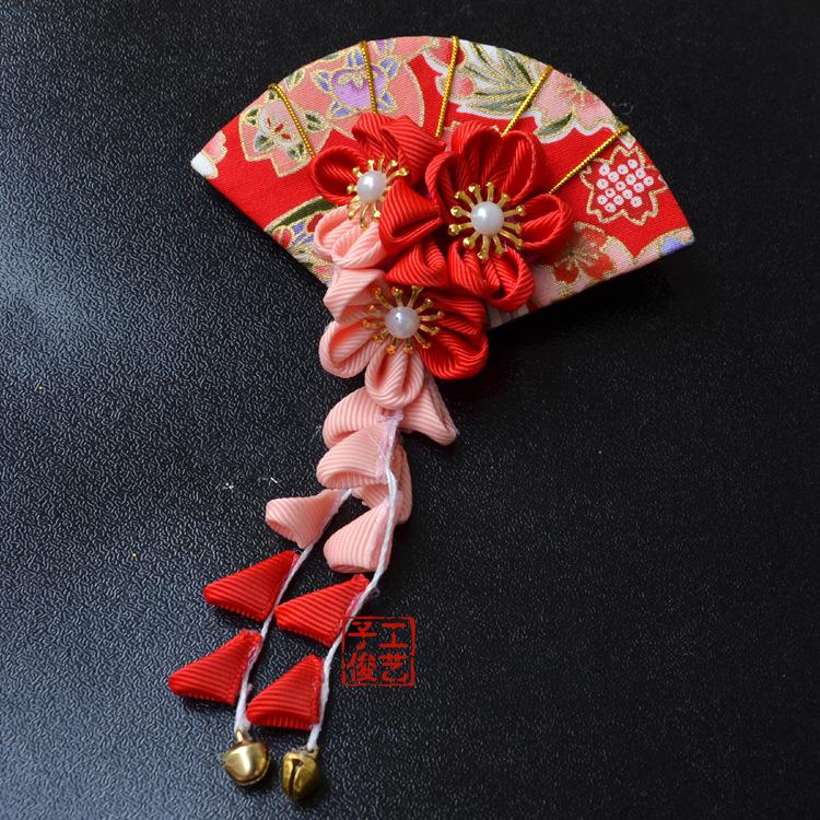Handmade Japanese Sakura Fabric Flower Hair Clip with Tassel, Kimono Yukata Accessory for Festival & Cosplay