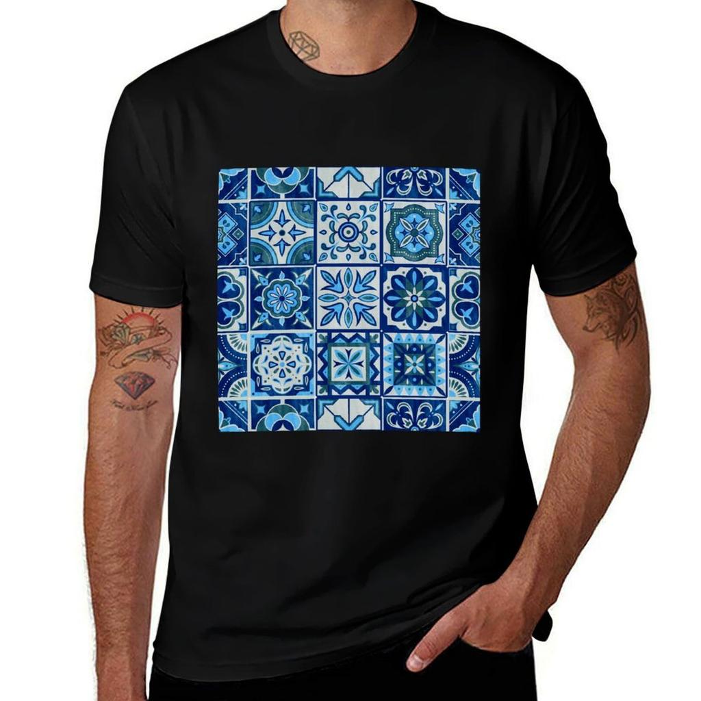 Portuguese Azulejos Blue Square Tiles Tshirt Casual Basic Street Style Tshirt