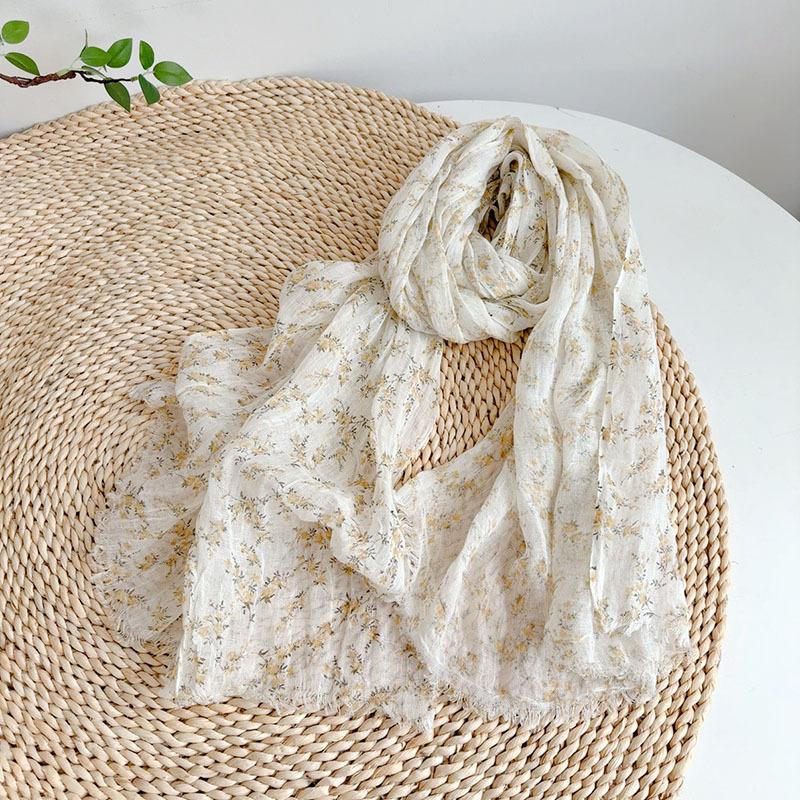 Элегантный женский шарф из 100% льна с принтом, тонкий, для защиты шеи и от солнца, на весну/лето/осень