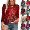 Women's Fashionable Round Neck 3/4 Sleeve Christmas Prints Casual Basic Pleated Pullover T-shirt Top