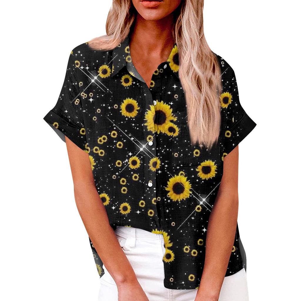 Женская свободная повседневная рубашка с короткими рукавами и отворотом с цифровым принтом и карманом