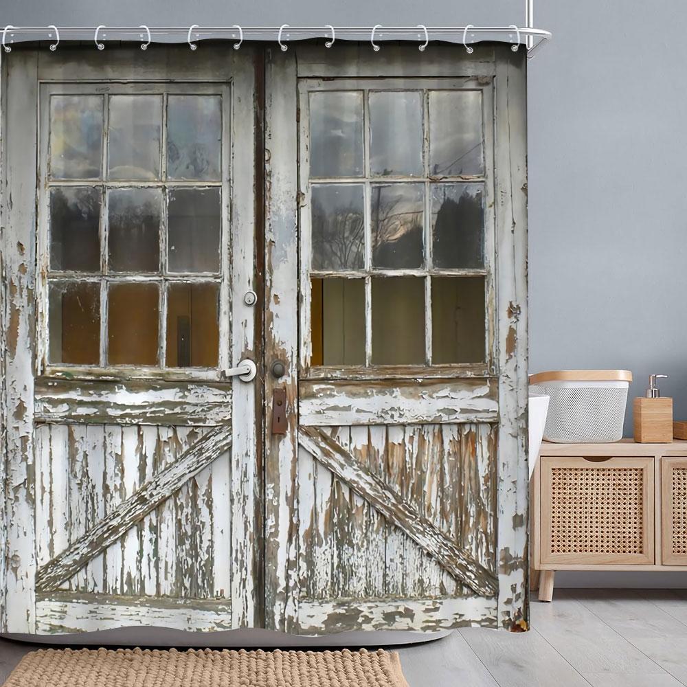 Ретро Деревенские Деревянные Двери Шторки для Душа Винтажный Фермерский Дом Амбар Старая Дверь Домашний Декор Водонепроницаемый Полиэстер Набор Занавесок для Ванной