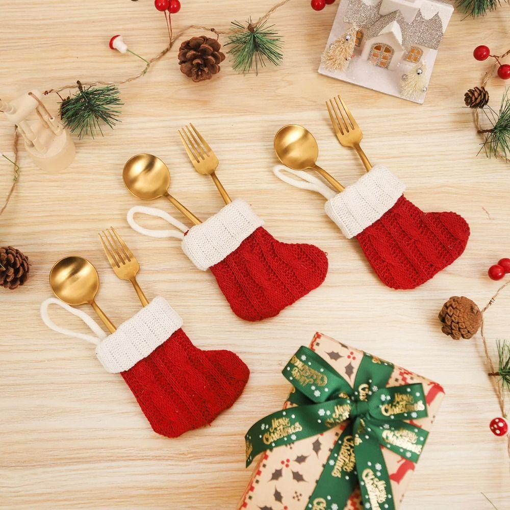 3pcs Mini Candy Gift Bag Red Green Cutlery Cover Crafts Christmas Knitted Socks Gift
