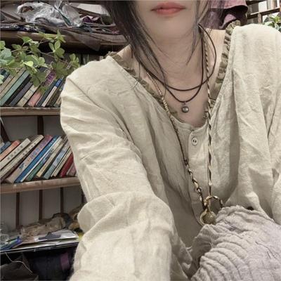 Женские винтажные рубашки, топы, блузки с длинными рукавами в китайском стиле, однотонные женские рубашки на пуговицах