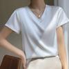Summer V-neck Short-sleeved Women's Thin Short-sleeved T-shirt Western Style Loose Inner Solid Color Satin Blouse T-shirt