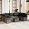 10-Piece Garden Sofa Set with Grey Cushions Poly Rattan Acacia, 2-Seater Garden Sofa with Storage 3356039