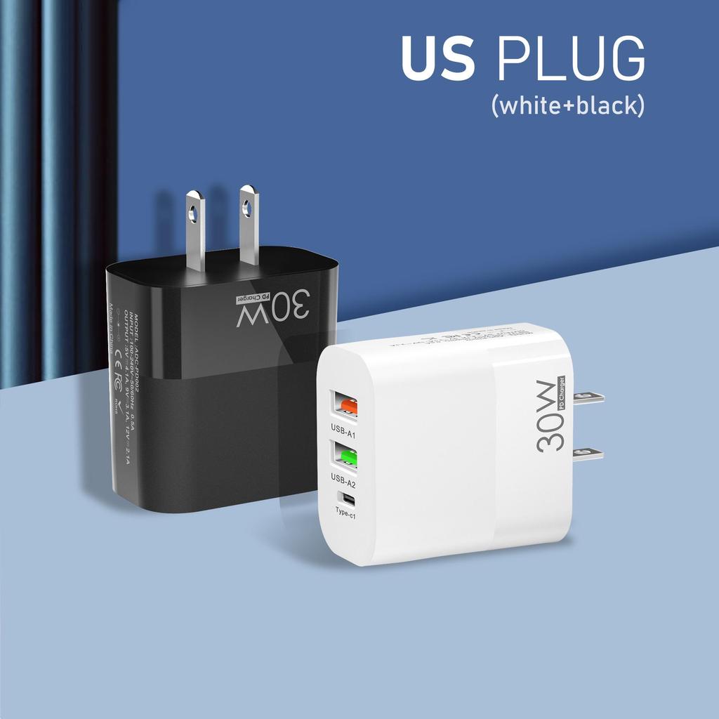 Многопортовое зарядное устройство QC3.0: 2A+C, PD30W, Европейский стандарт, Быстрая зарядка, Мультипротокол