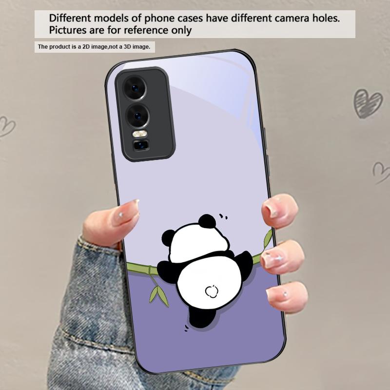 Милый и очаровательный панда Для vivo Y100 Y33s Y03 Y36 Y35 Y52 Y72 Y55 Y16 Y76 Y75 Y72 5G iQOO 12 Z9 Turbo Черный Стеклянный Чехол для Телефона