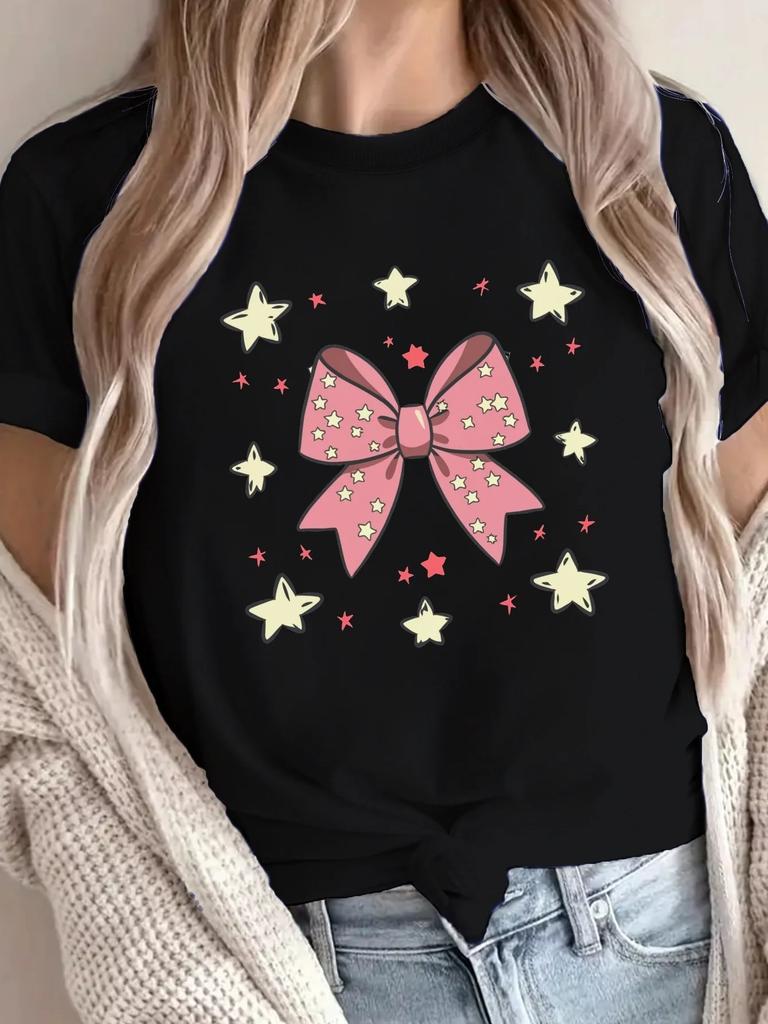 Funny T Shirt Pink Bow Star Print Tshirt Womens Harajuku Short Sleeve Casual Womens Clothing Street Tops Aesthetic Clothes