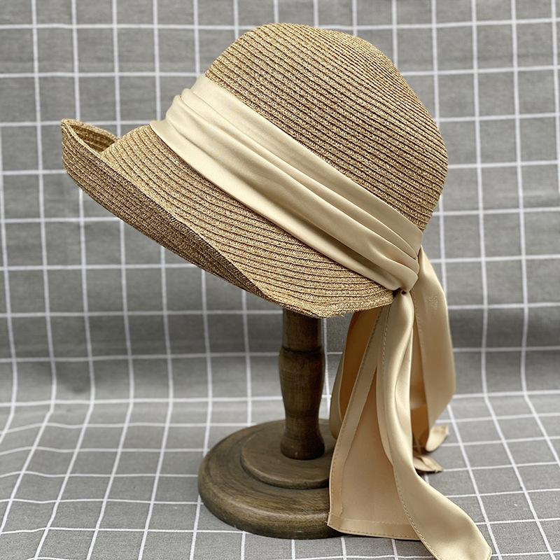 Japanese Curling Front Big Back Small Satin Streamer Basin Hat Summer Straw Hat Children Bucket Hat Sun Protection Beach Hat Tide