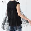 Korean Fashion Summer Women Sleeveless Basic Top Brief O Neck White Black Polka Dot Mesh Patchwork T-Shirt Elegant Ladies' Chic Tee