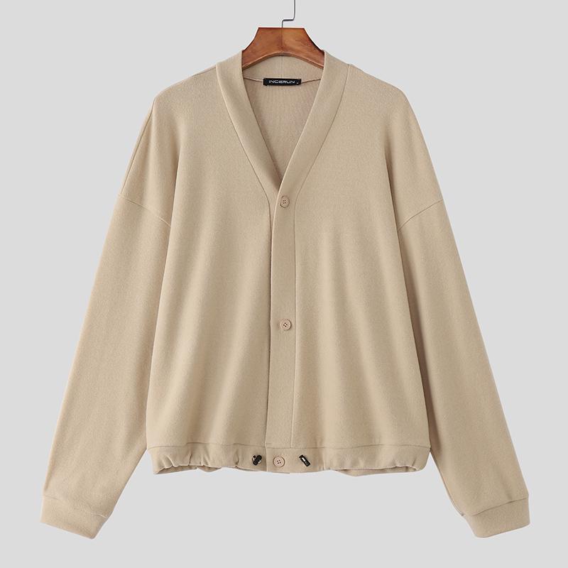 INCERUN Oversized Men V Neck Long Sleeve Buttons Up Drawstring Knit Cardigan Tops