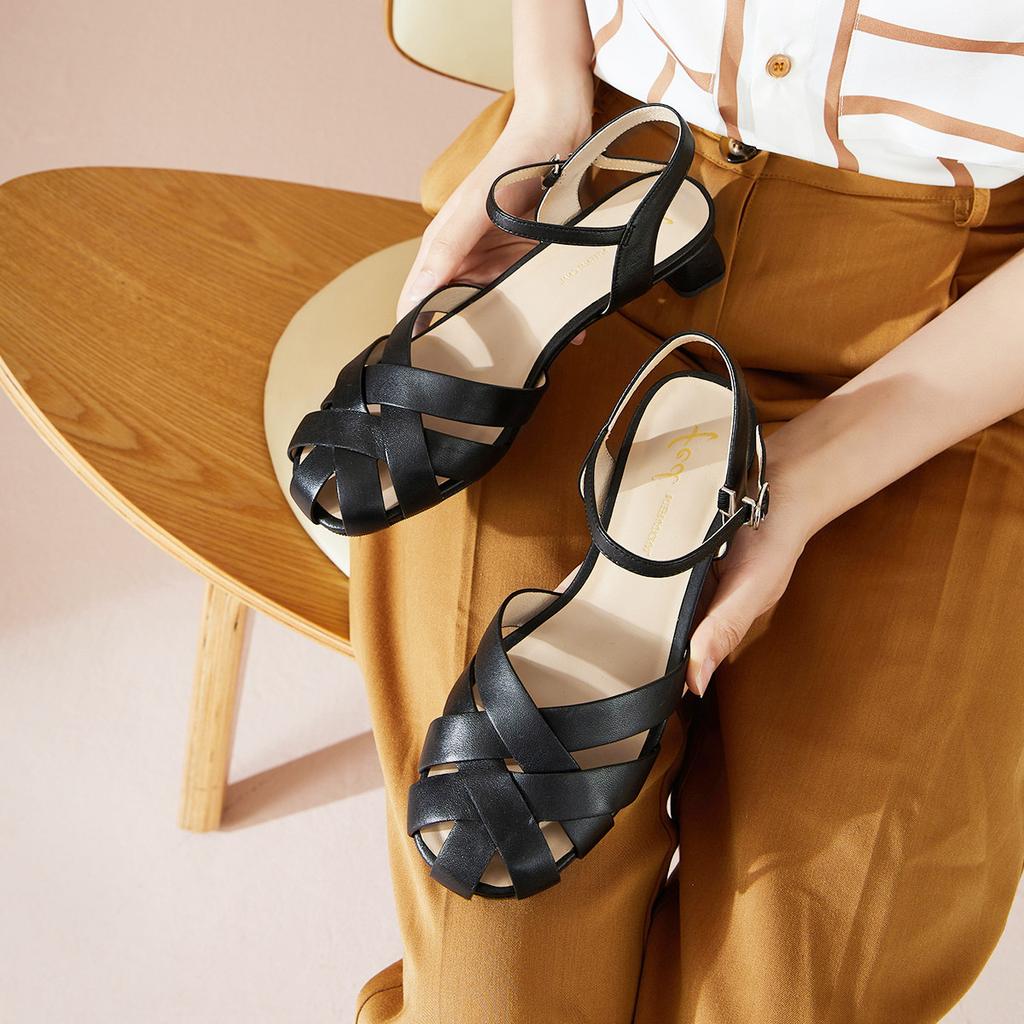 Woven sheepskin women's shoes summer round toe toe back empty pigpen shoes versatile mid heel thick heel Roman sandals for women