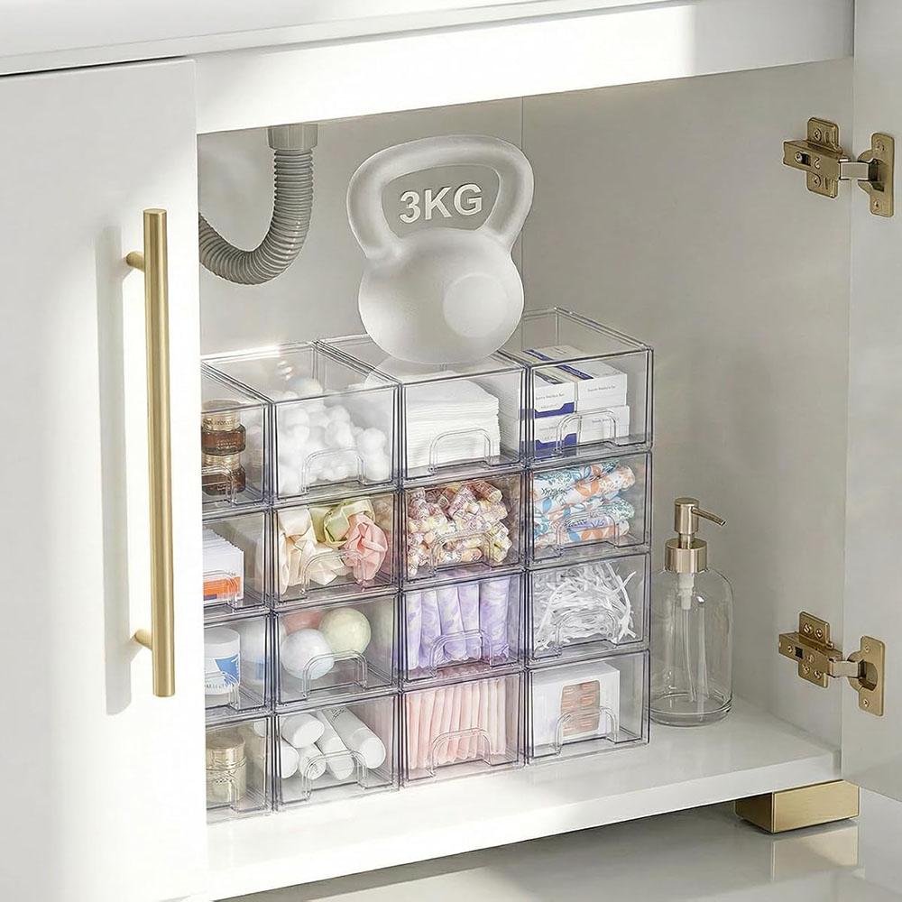 Small Clear Stackable Storage Drawers,Acrylic Bathroom Makeup Organizer,Plastic Storage Bins For Vanity,Undersink,Kitchen,Pantry