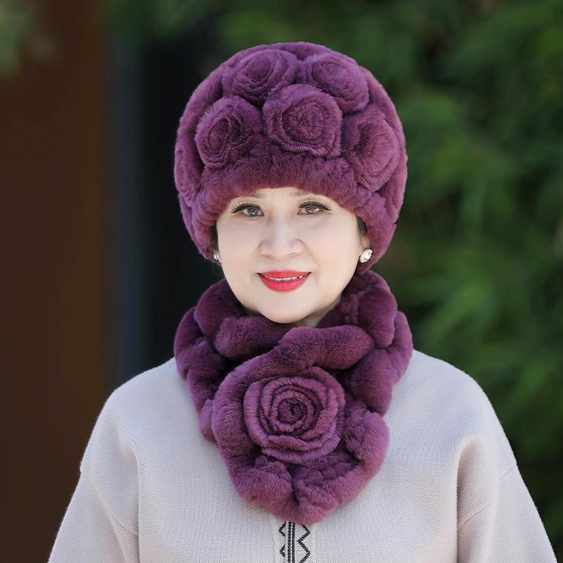 Вязаная шапка из меха кролика Рекс для женщин, зимняя, для пожилых бабушек, зимняя, утолщенная, теплая, для мам, для пожилых леди, меховая шапка