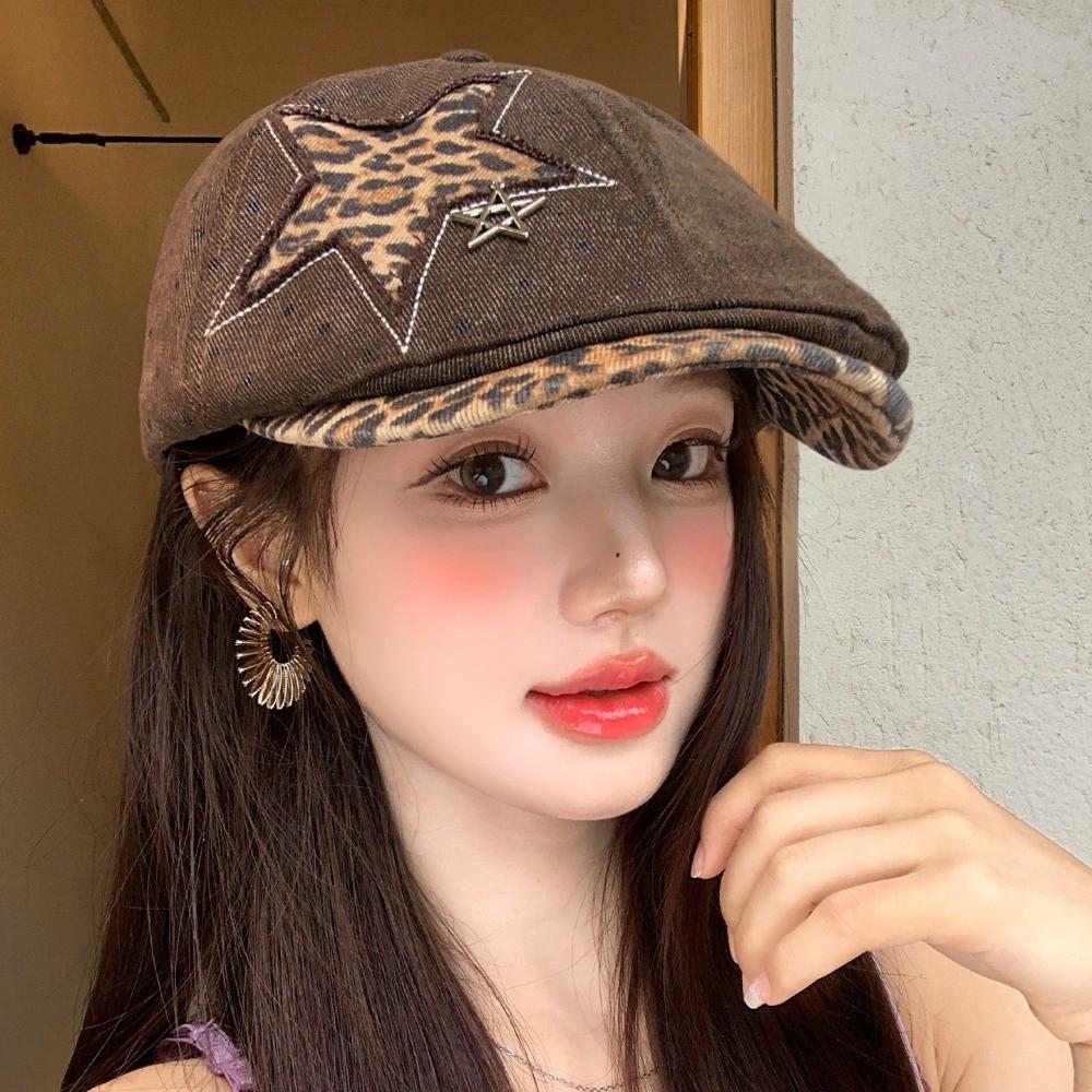 Leopard Denim Beret Hat Star Rivet Baseball Hat New Newsboy Cap Y2K