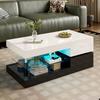Modern coffee table with LED ambient lighting, APP and Bluetooth control, glass shelf & high-gloss surface, black-white design, 90x45x35,5 cm