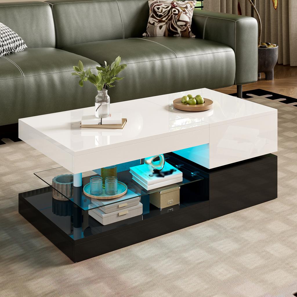 Modern coffee table with LED ambient lighting, APP and Bluetooth control, glass shelf & high-gloss surface, black-white design, 90x45x35,5 cm