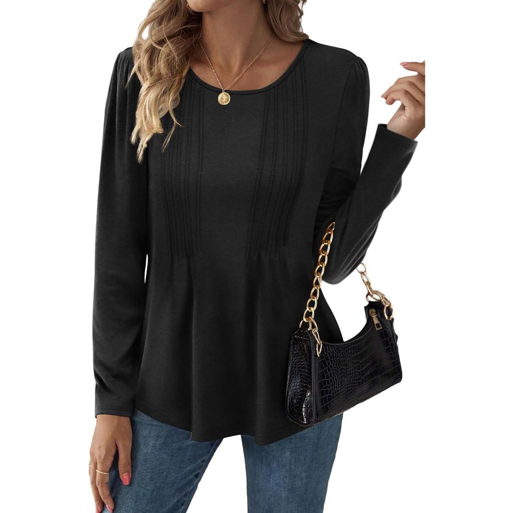 GMXIA Футболка женская с длинным рукавом и круглым вырезом в полоску, однотонная, осенне-зимняя