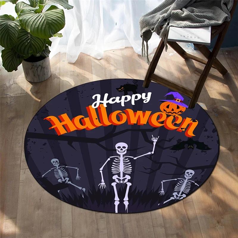 Happy Halloween Round Carpet Castle Bat Print Area Rug for Living Room Bedroom Chair Non Slip Horror Theme Floor Mats Yoga Mat