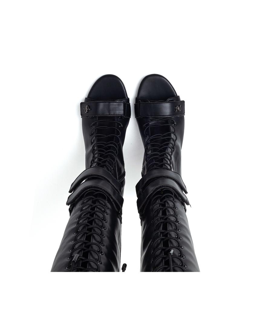 Ssimeez Double Strap Lace-Up Open-Toe Heel Boots (Black)